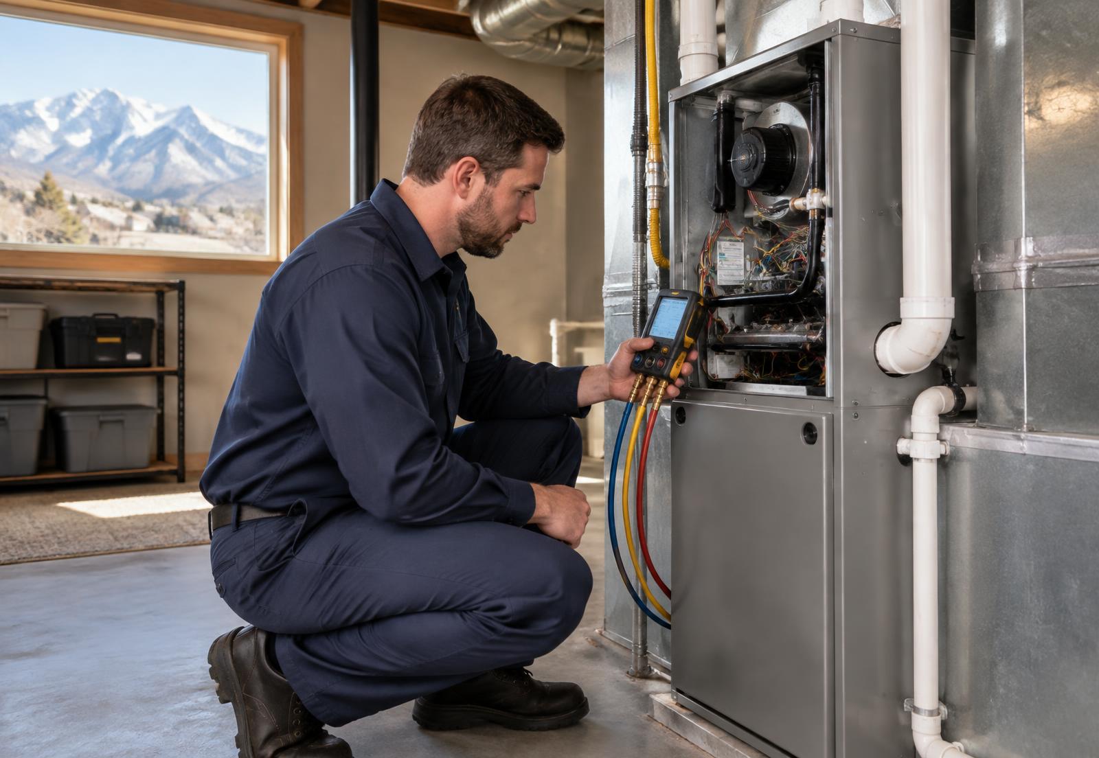 Daniel's Den technician servicing a high-efficiency furnace in a Salt Lake City home